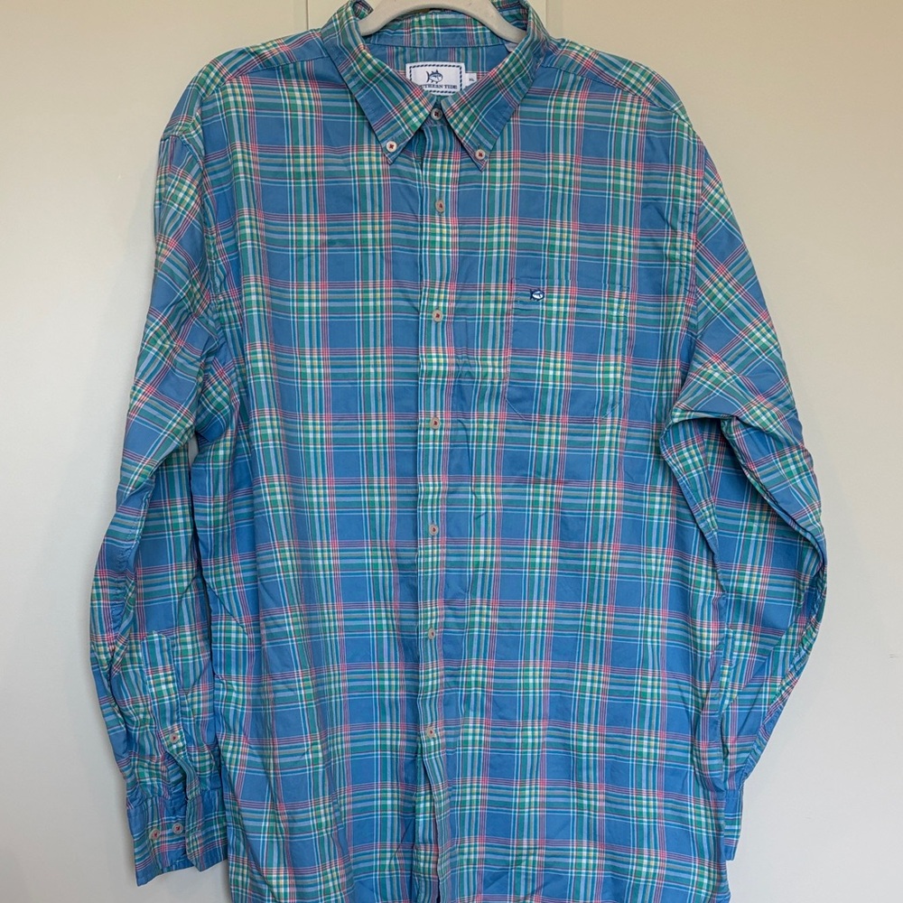 Southern Tide Blue Plaid Button-Down Shirt with Green & Pink Accents